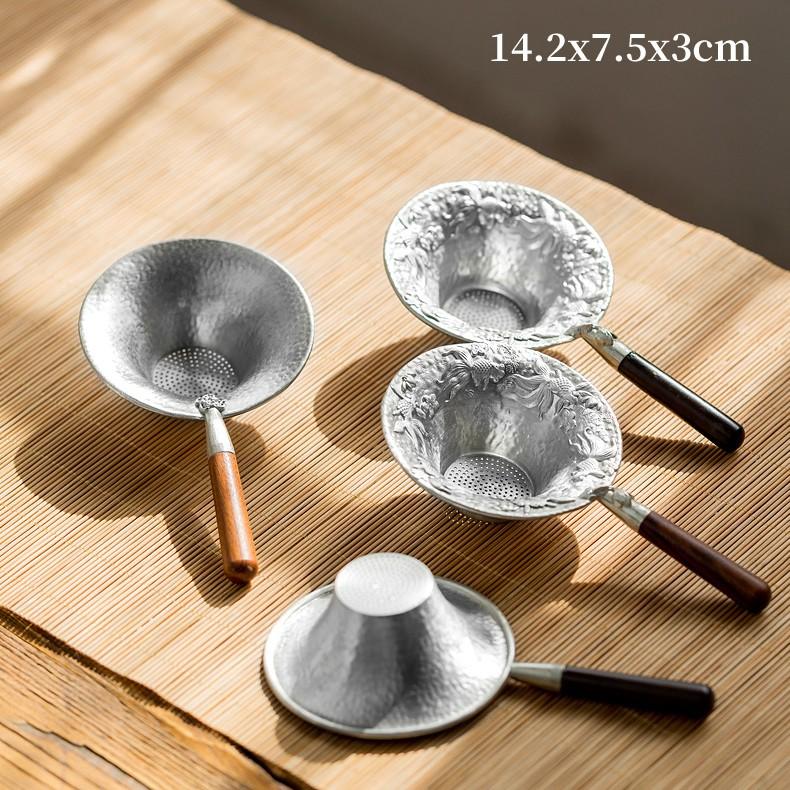 Handcrafted Hammered Pure Tin Tea Strainer with Wooden Handle and Filter Mesh Kung Fu Tea Accessories
