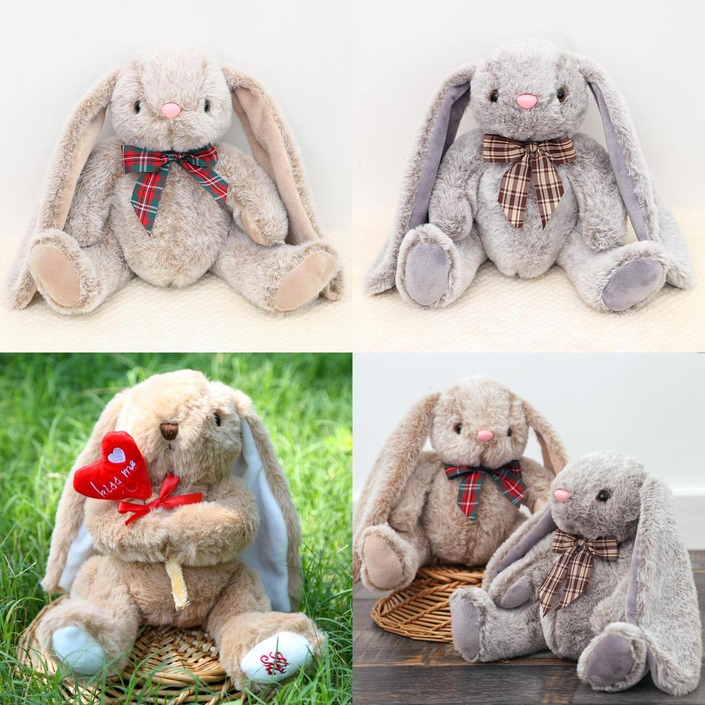 Plush Rabbit Toy With Checkered Bow Decor For Kids Gift And Home Decor