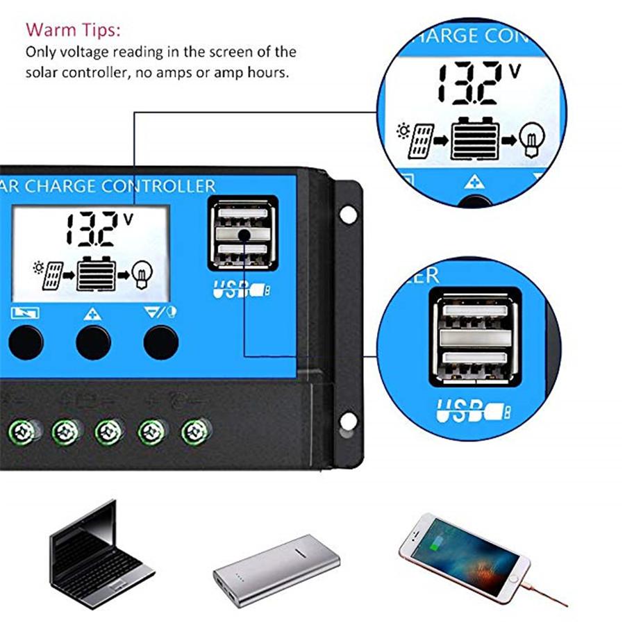 Solar Charge Controller 30A, Solar Panel Battery Controller 12V/24V Auto Paremeter Adjustable LCD Display Solar Panel Battery Regulator with Dual USB