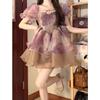 Sweet age-reducing tutu dress dress summer purple tie-dye bubble sleeve floral dress princess dress fairy skirt