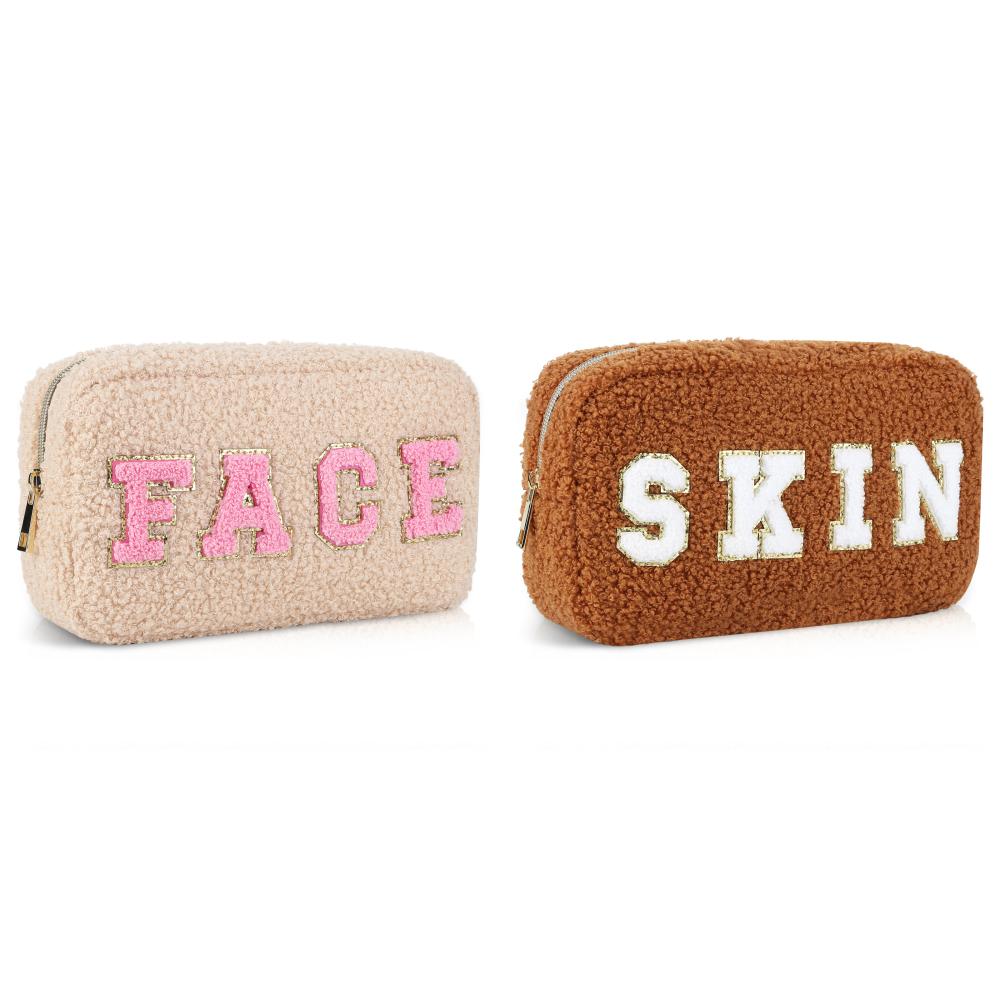 

#F Chenille Letter Makeup Bag Plush Cosmetic Bag Travel Toiletry Pouch (Champagn