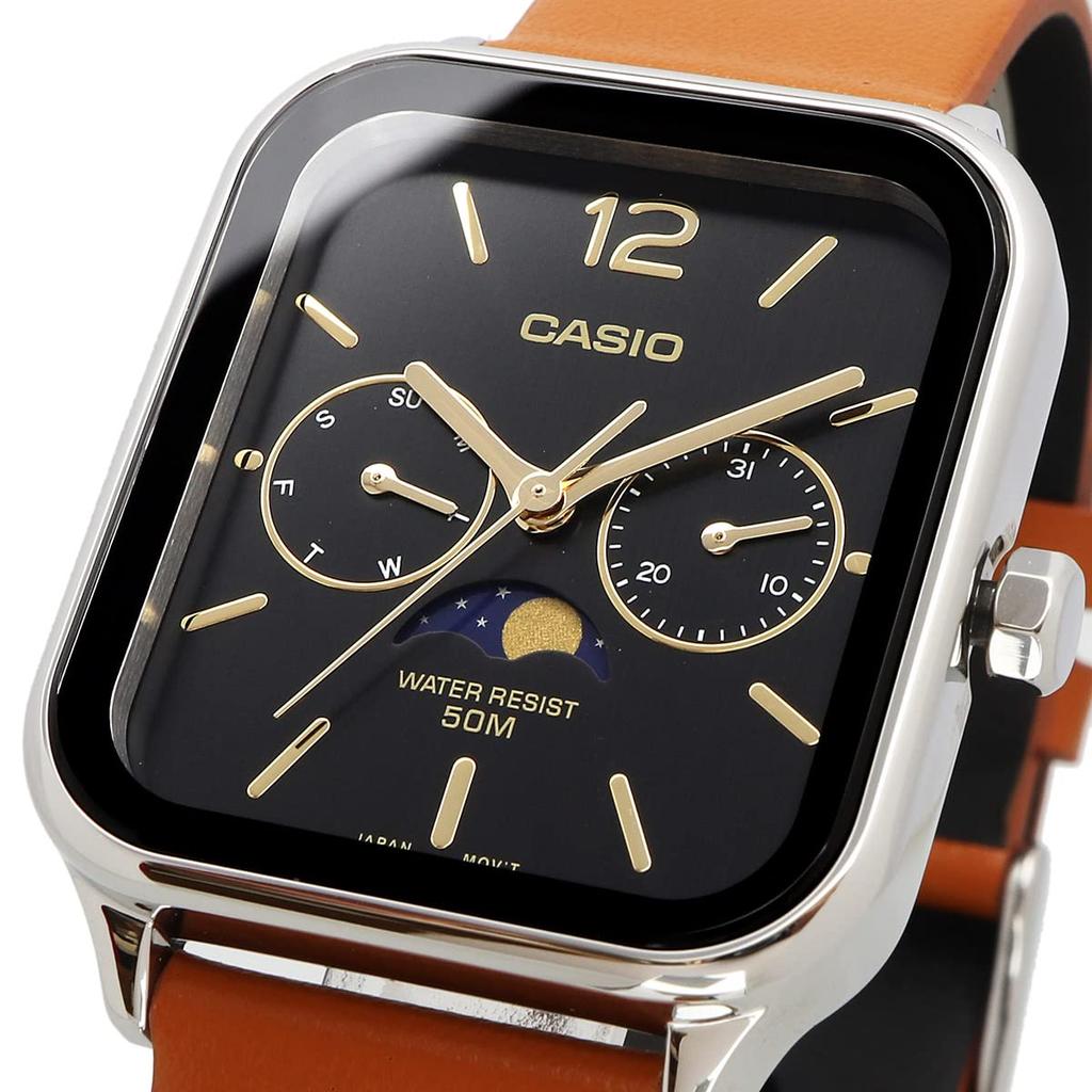 Casio Standard Moon Phase Analog Men's Watch MTP-M305L-1AV with Brown Leather Band and Black Dial, Imported
