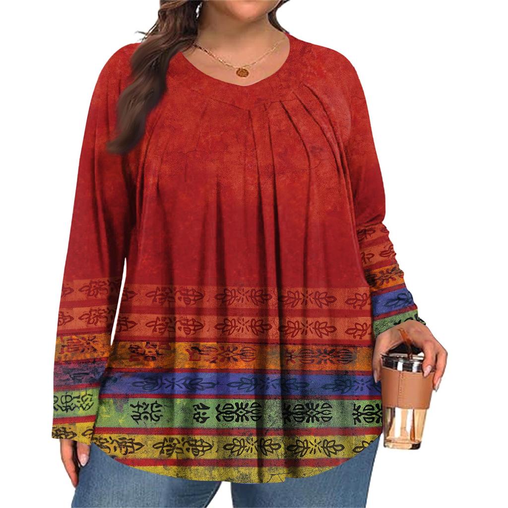 Women's Plus Size Fashion  Printed Casual Pleated Round Neck Long Sleeve Top