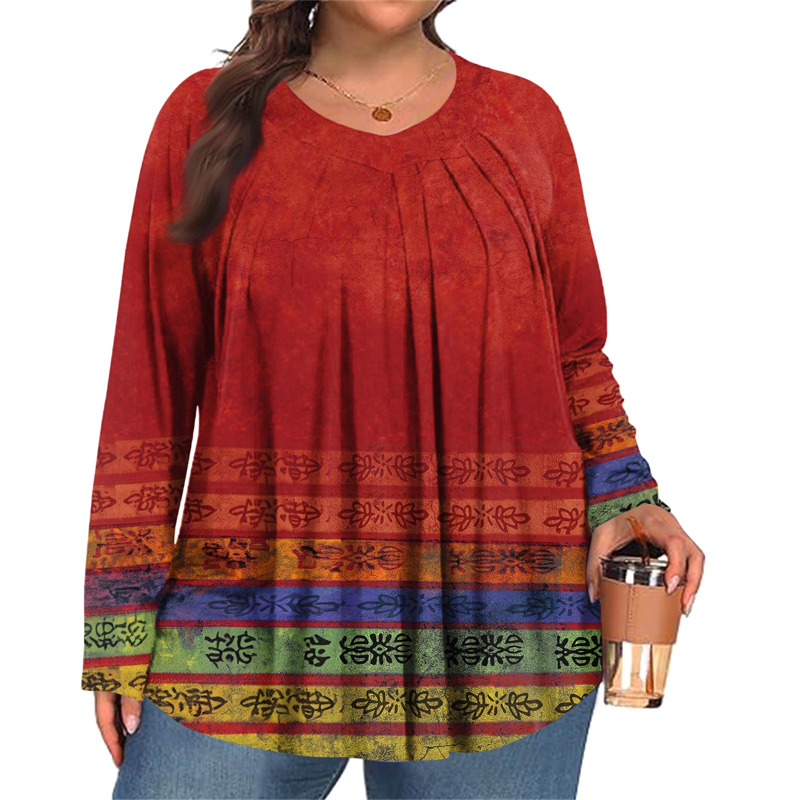 

Женский модный топ большого размера с принтом, повседневный плиссированный, с круглым вырезом и длинными рукавами XL винный