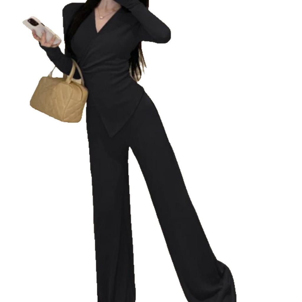 Irregular Slim Fit V-neck Top & Micro Flare Wide Leg Pants Set for Women - Autumn Collection 2026