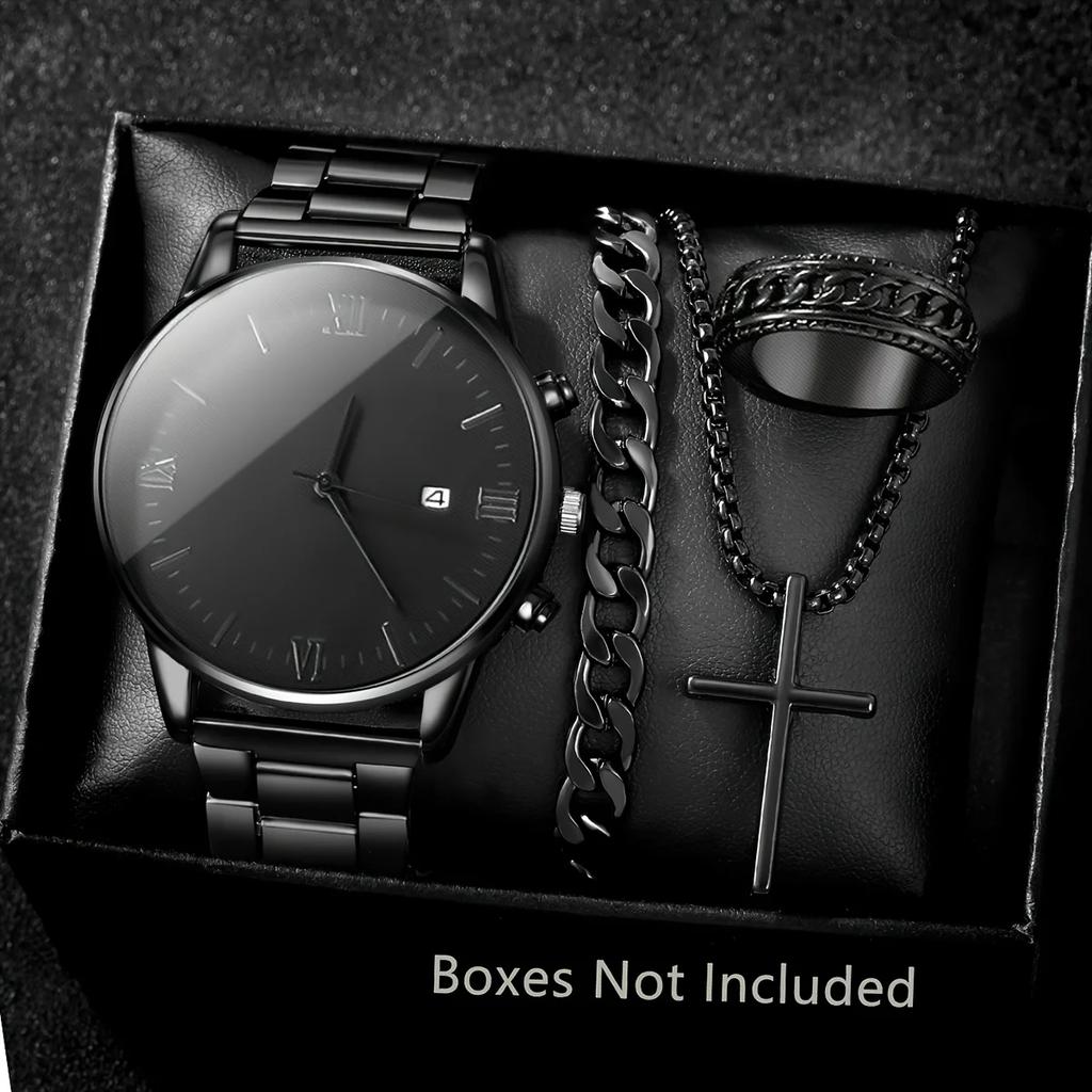 4pcs-Men's Quartz Watch Set, Round Dial, Includes Cross Pendant Necklace, Bracelet & Ring, Perfect Gift (no Box)
