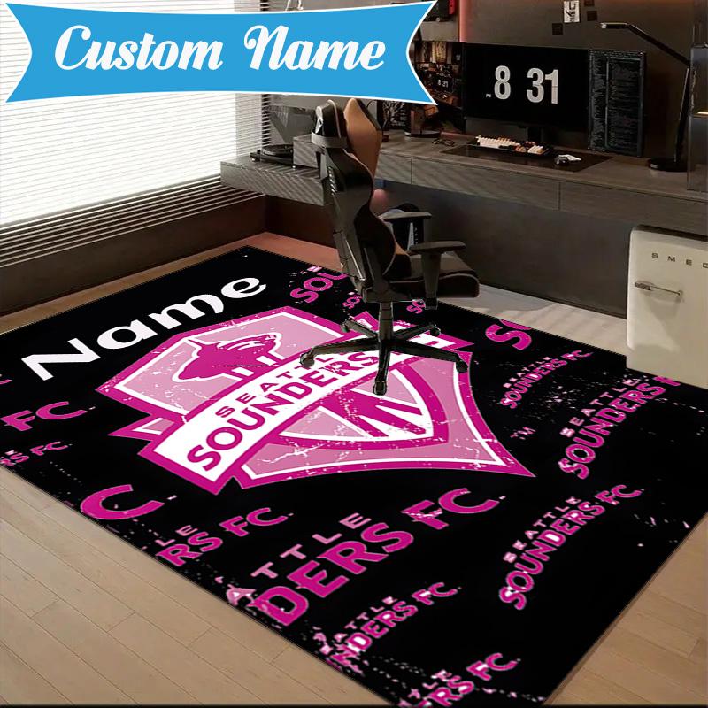 Custom Name Sounders FC Crest Rug Game Carpet, Floor Mat for Bedroom Living Room Entryway Rug, Home Decor Idea Gift for Christmas Birthday