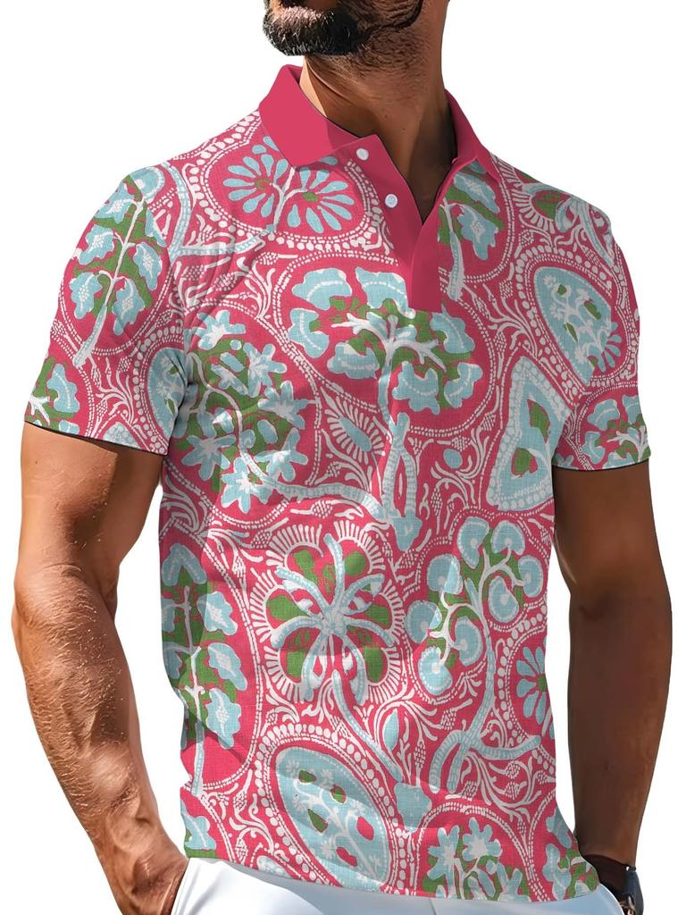 [Printed Design - Not Textured] Magenta Collar Tropical Floral Cashew Full Print Men'S Polo Shirt