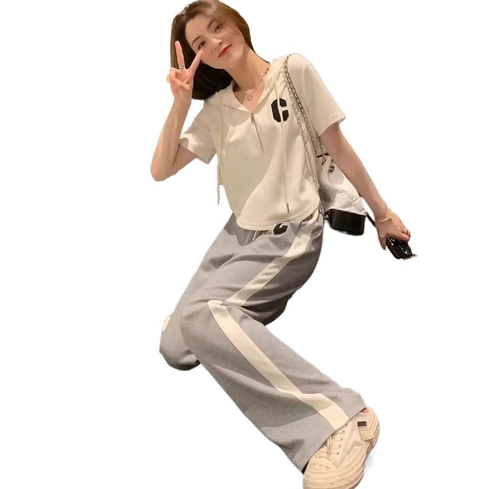 Women's Casual Summer Two-Piece Set: Wide-Leg Pants & Short Hooded Top - Plus Size, Loose, Trendy Style