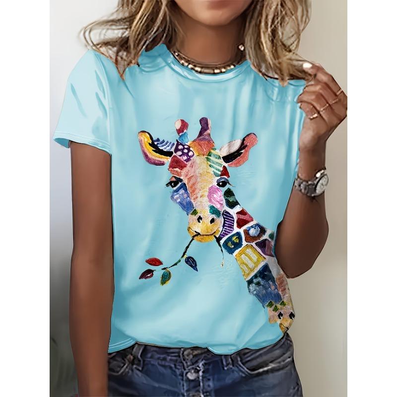 Crew Neck Short Sleeve Watercolor Giraffe Floral Print T Shirt Women's Outfits Casual Daily Wear Summer Lady Clothes