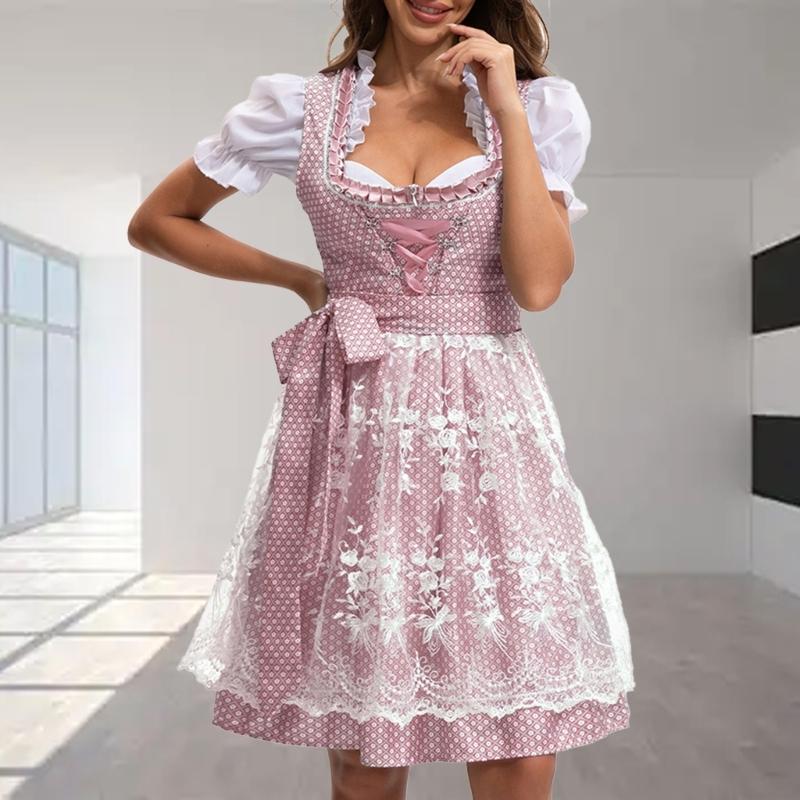 German Bavarian Oktoberfest Costume Set,Halloween Beer Costume Dirndl Dresses Blouse Apron Bows Ribbon for Adult Women
