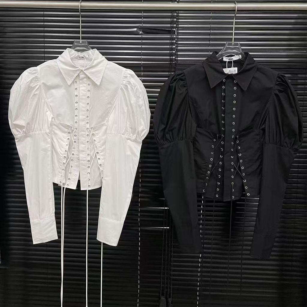 2025 Spring Lace-up Lantern Sleeve Fitted Waist Shirt