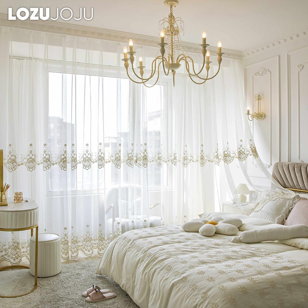 1PC LOZUJOJU French Style Gold Thread Embroidered Sheer Curtain Romantic Style Luxury Tulle for Living Room Bedroom Balcony Window Home Decor