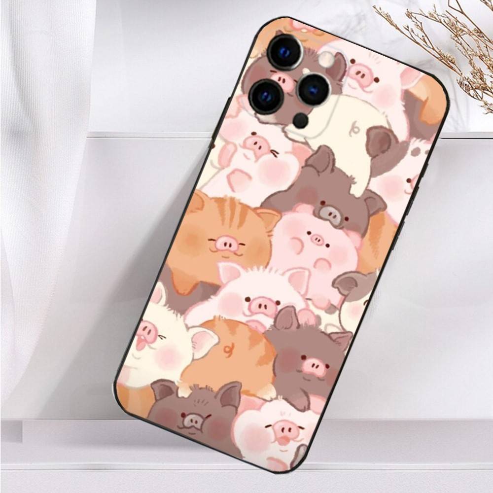 Cute Cartoon Animals Piggy Phone Case For iPhone 16,15,14,13,12,11 Plus,Pro Max,XS,X,XR,SE,Mini,8,7 Soft Silicone Black Cover
