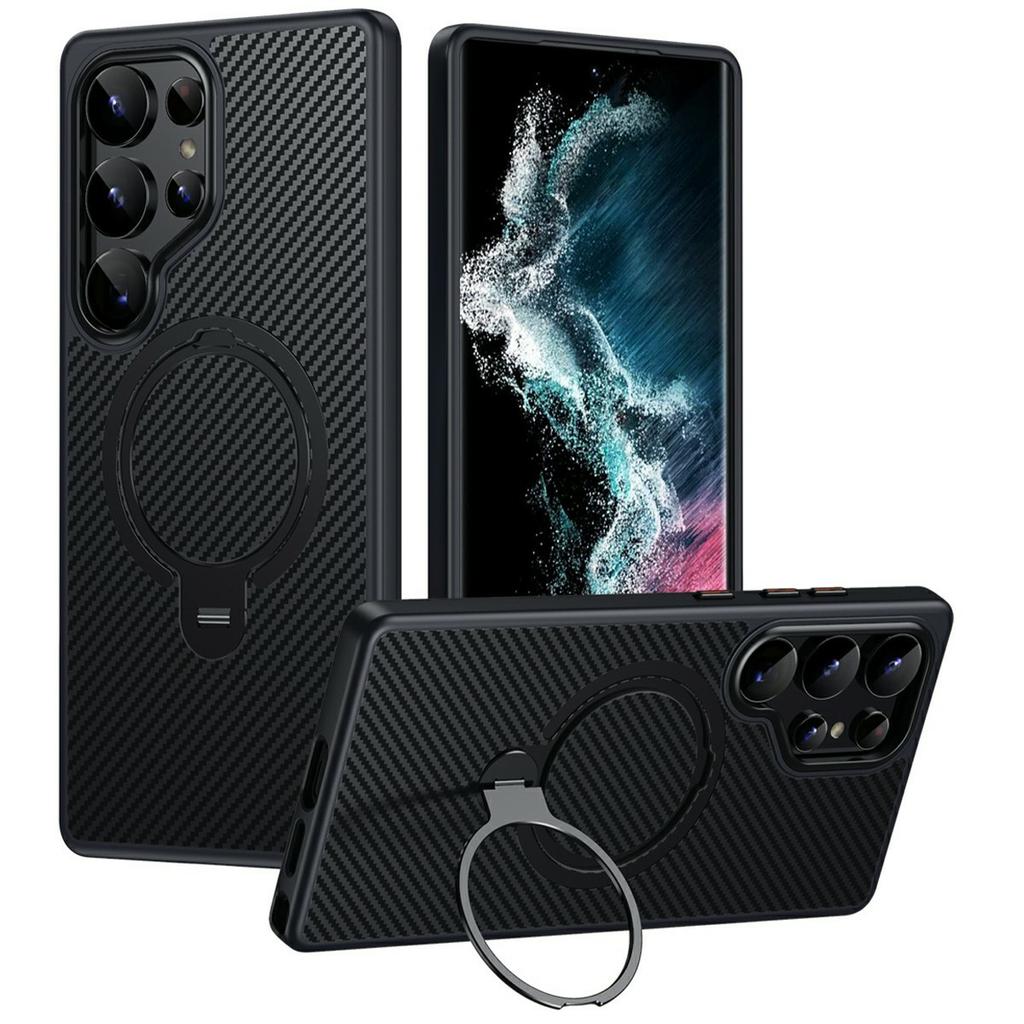 For Samsung Galaxy S25 Ultra Magnetic Case PC+TPU Phone Cover Ring Holder Carbon Fiber Texture