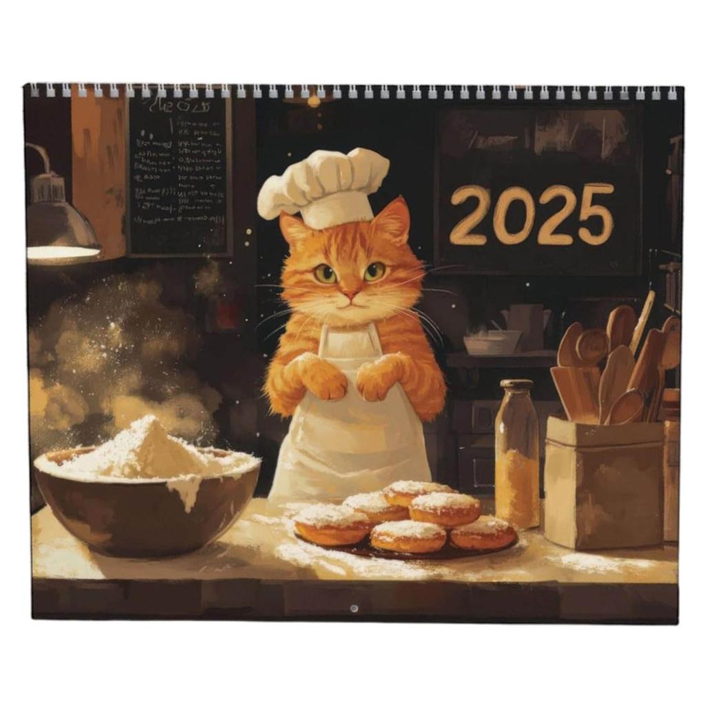 12 Månaders Rolig Matlagningskatter Kalender Med Kreativ Illustration,Dubbel Spiralbunden Matlagningskalender,Unik Gåva För Älskare Och Matälskare
