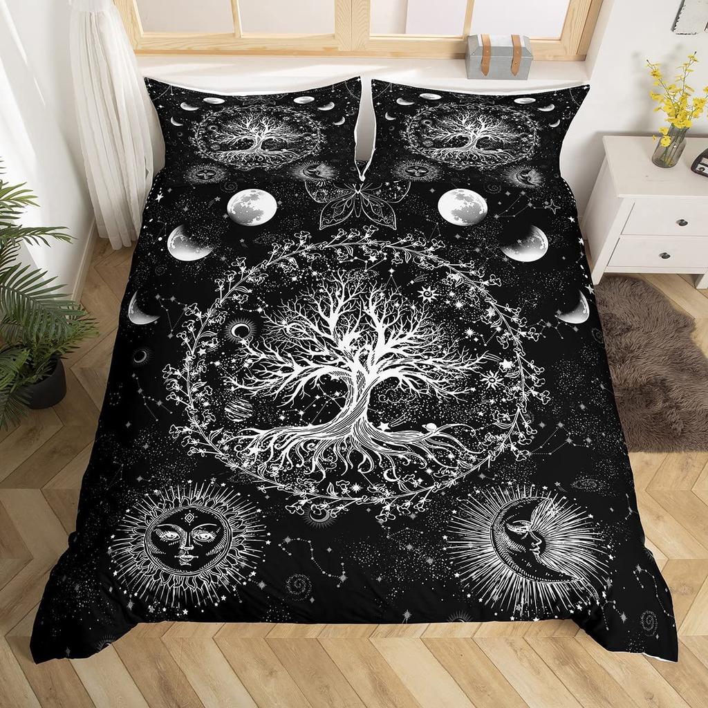Zestaw poszewek na kołdrę Słońce i Księżyc Rozmiar Queen, Zestaw pościeli w stylu Boho Hippy ze znakiem Pokoju, Dekoracja pokoju dziewcząt i chłopców, Rustykalna poszewka na kołdrę