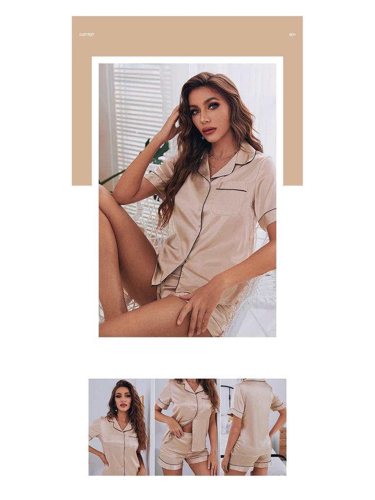 Women's Summer Striped Pajama Set: Short Sleeve, Solid Color, Casual Homewear