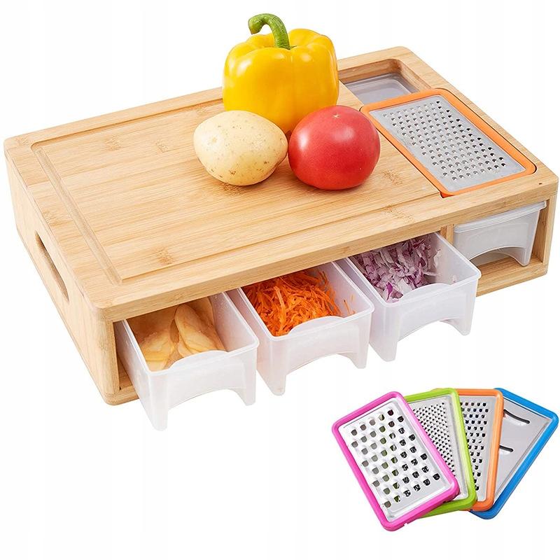 Tagliere Multifunzione in Legno con 3 Cassetti e Grattugie Regalo