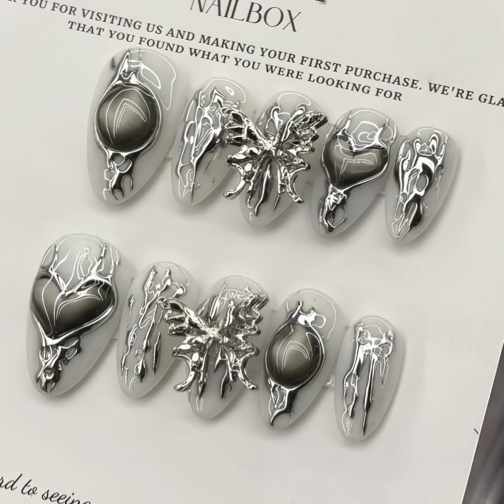 24Pcs Y2K Pink French Press On Nails 3D Metallic Silver Star Butterfly Almond False Nails Sweet Cool Wearable Manicure