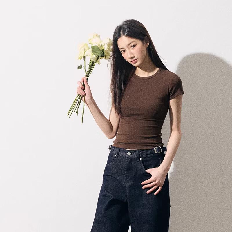 MJ STYLE Women's Structured Shoulder Short Sleeve T-Shirt 2026 Spring Summer New Slim Fit Waist Design Basic Versatile Top