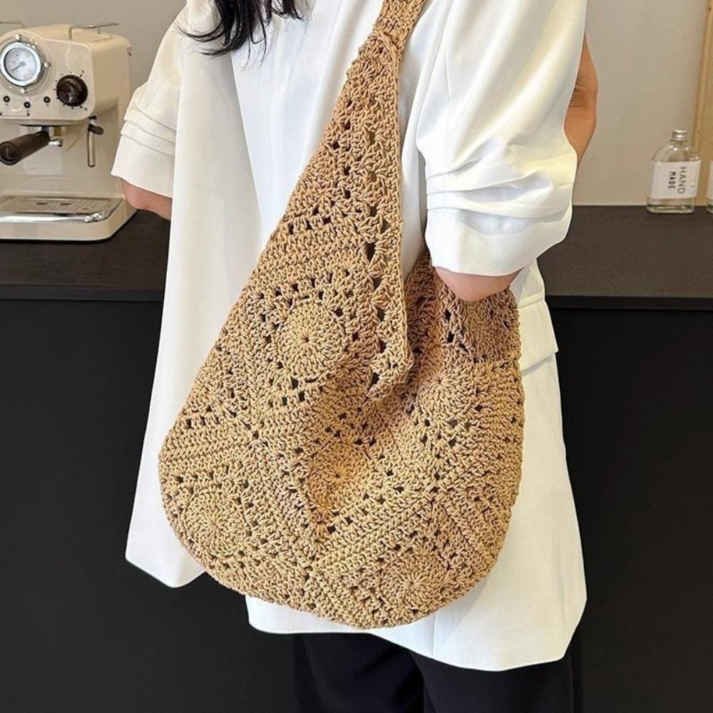 Lazy Style Crochet Shoulder Bag Large Capacity Tote Bag Trendy Women Straw Woven Bag  Ladies