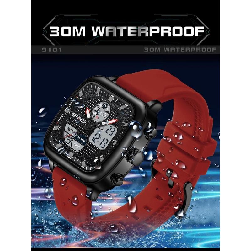 SANDA Retro Square Double Display Electronic Watch Night Light Waterproof Business Leisure Men's Watches Sports Silicone Strap Wristwatch