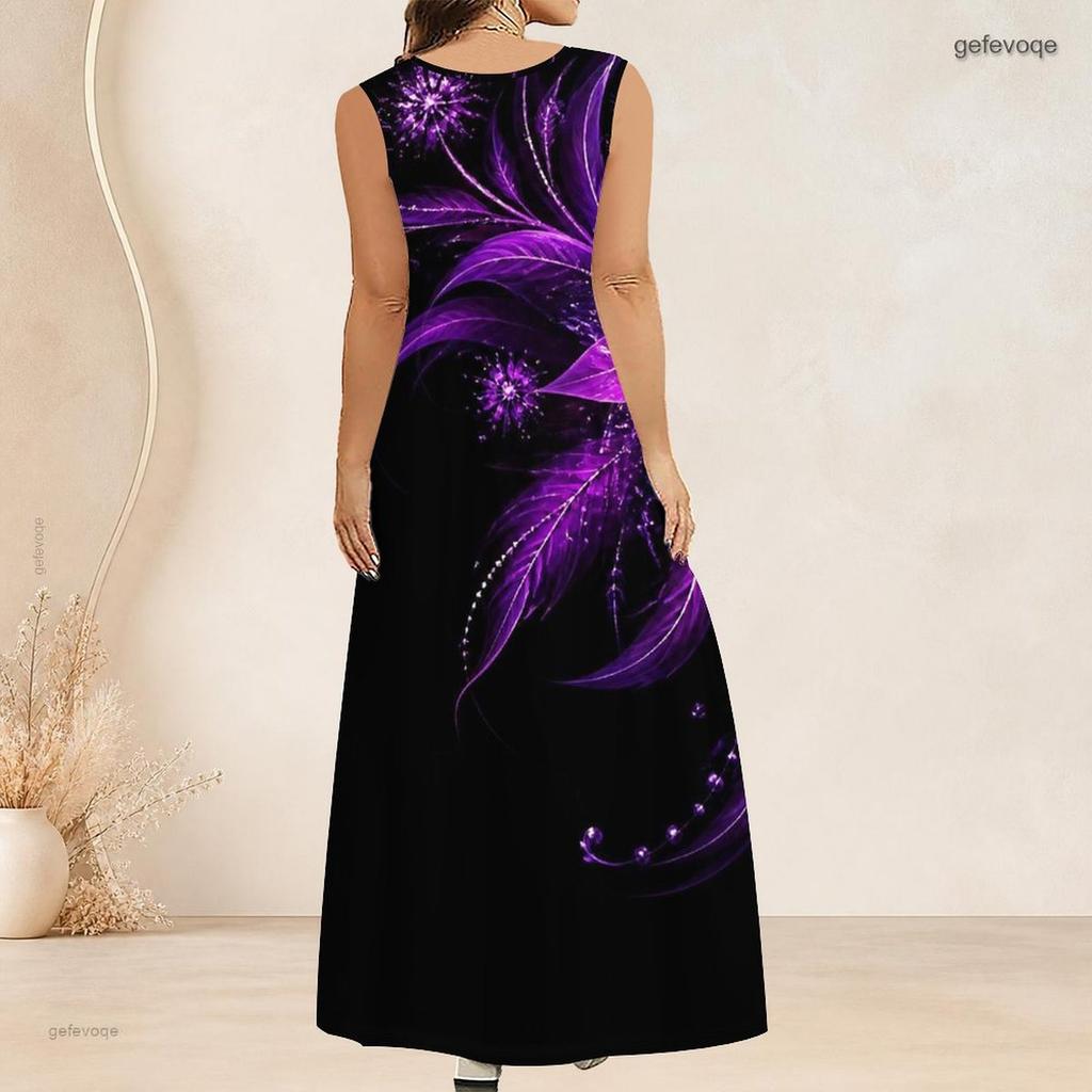 Women Plus Size Sleeveless Scoop Neck A Line Long Dress Black Purple Feather Printed