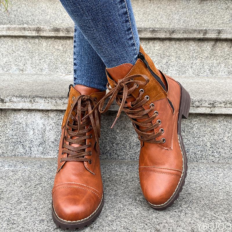 Fashionable Versatile New Spring Autumn Thick Heel Lace Up Women's Shoes Elegant Simple Solid Color Women's Low Cut Boots