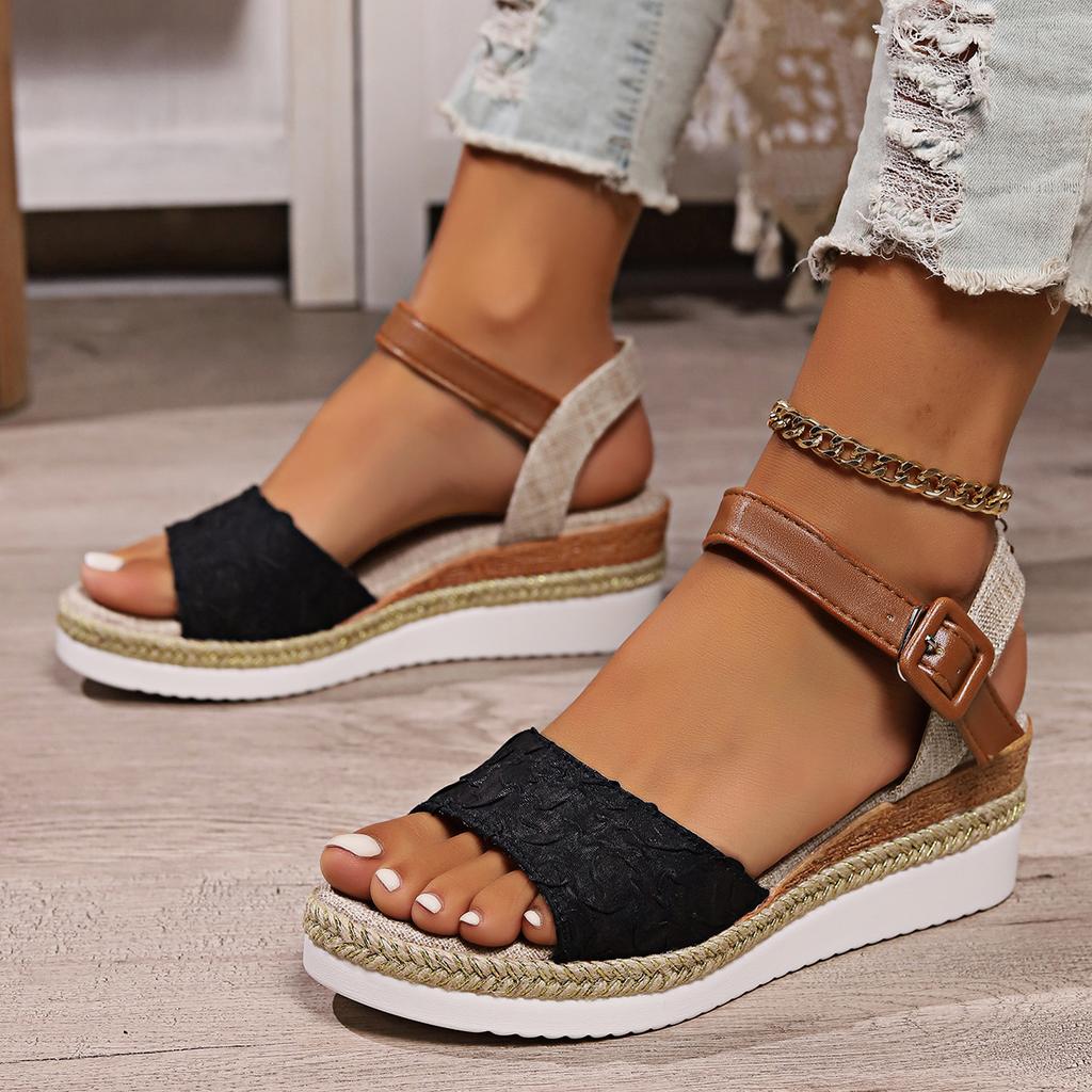 European and American Foreign Trade Large Size Slope Heel Fish Mouth Sandals Women's Summer New Buckle Outer Wear Beach Sandals Women