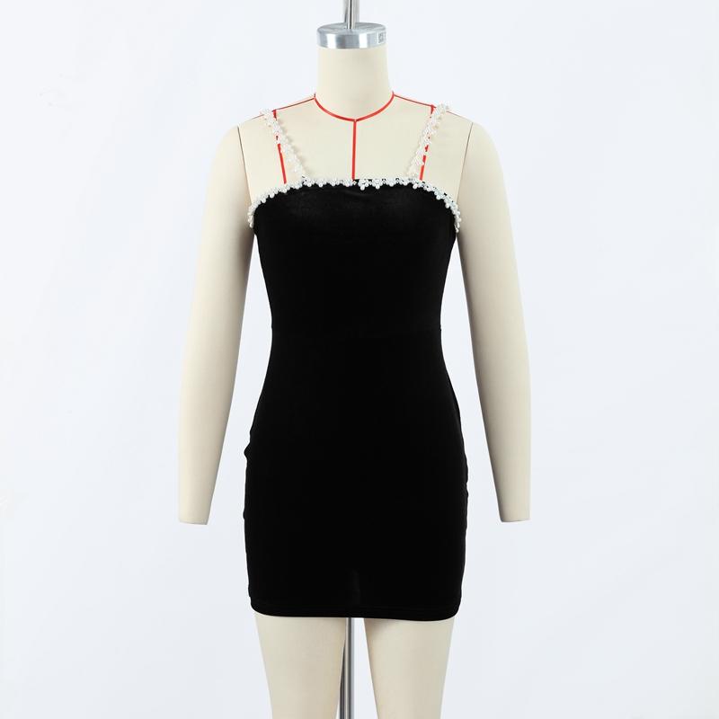 Černé sametové dámské minišaty s kamínkovou ozdobou Elegantní bez rukávů s vysokým pasem Áčkového střihu Šaty na ramínka Dámské večerní společenské šaty Župany