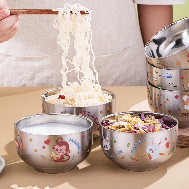 Desene animat Strat dublu Orez Ramen Boluri din oțel inoxidabil pentru copii Terci de tăiței Bol mic Bucătărie Veselă metalică Recipient pentru alimente