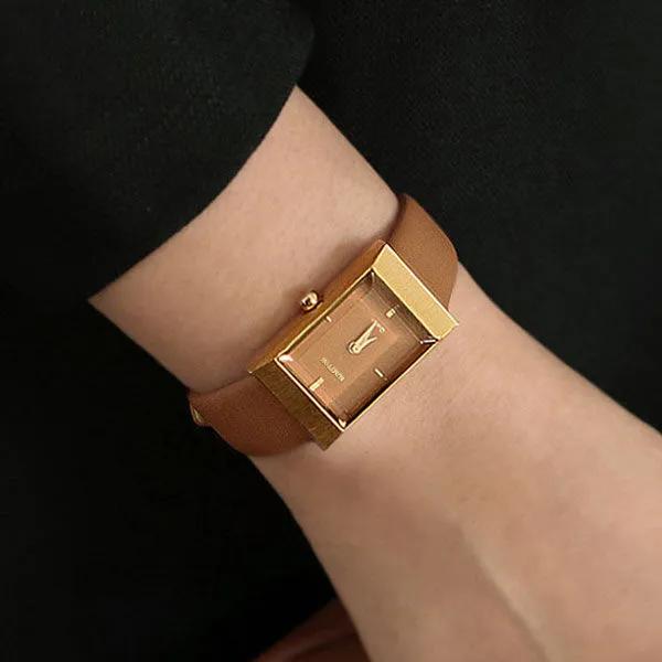Women's Leather Band Design Watch Rumton Grid Tan Gold