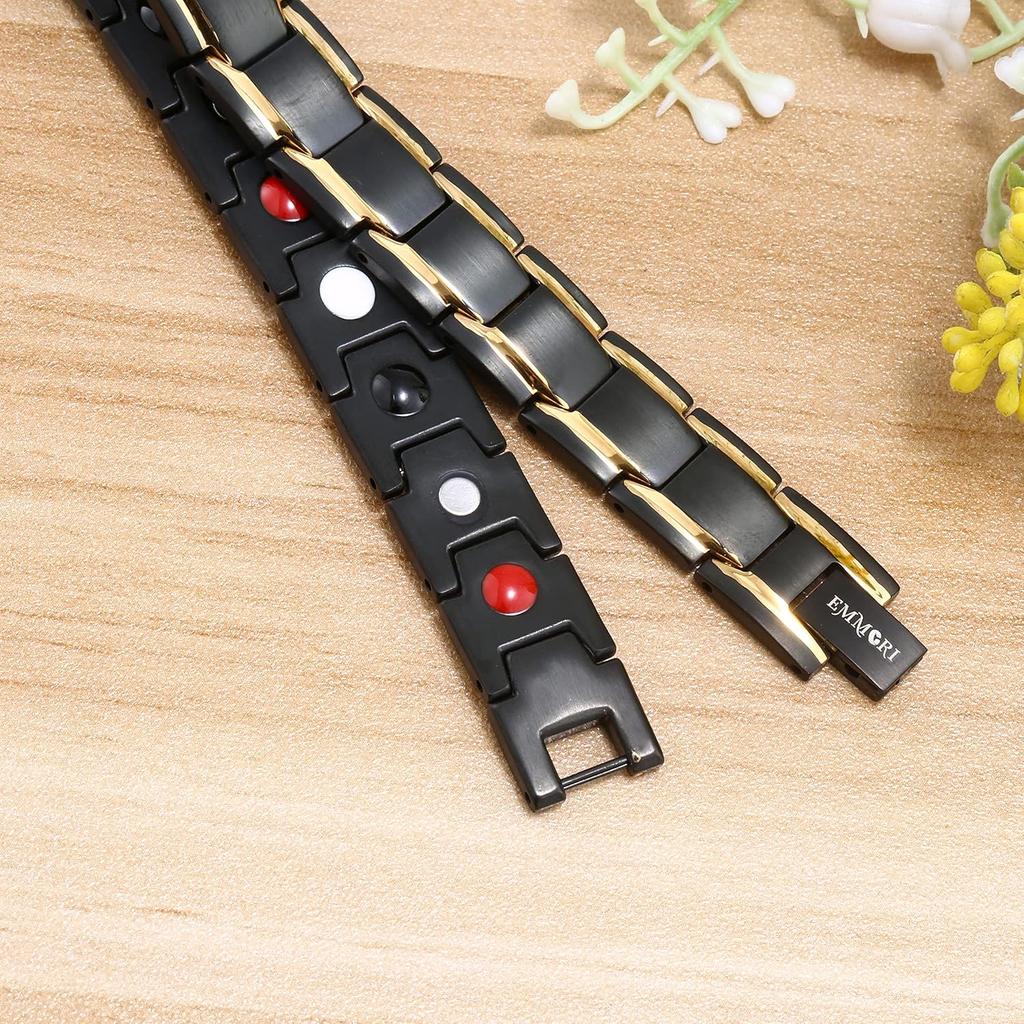 Ultra Strength Magnetic Bracelet - 3,500 Gauss Per Magnet -Magnetic Bracelets for Men Woman - Adjustable Length -Pulseras Magneticas (Black Gold)