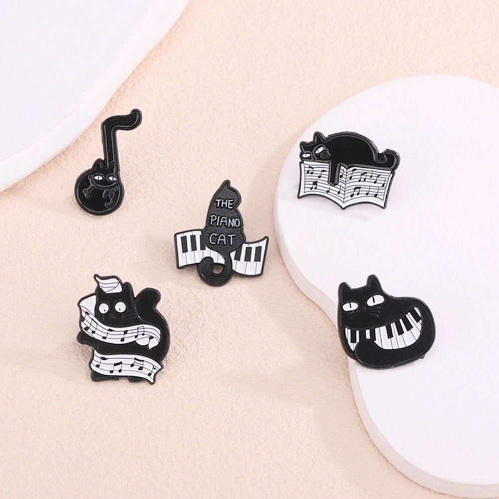 Purring Kitten Black Cat Enamel Pin Cartoon Beating Note Brooch Cute Piano Cat Badge  Jeans