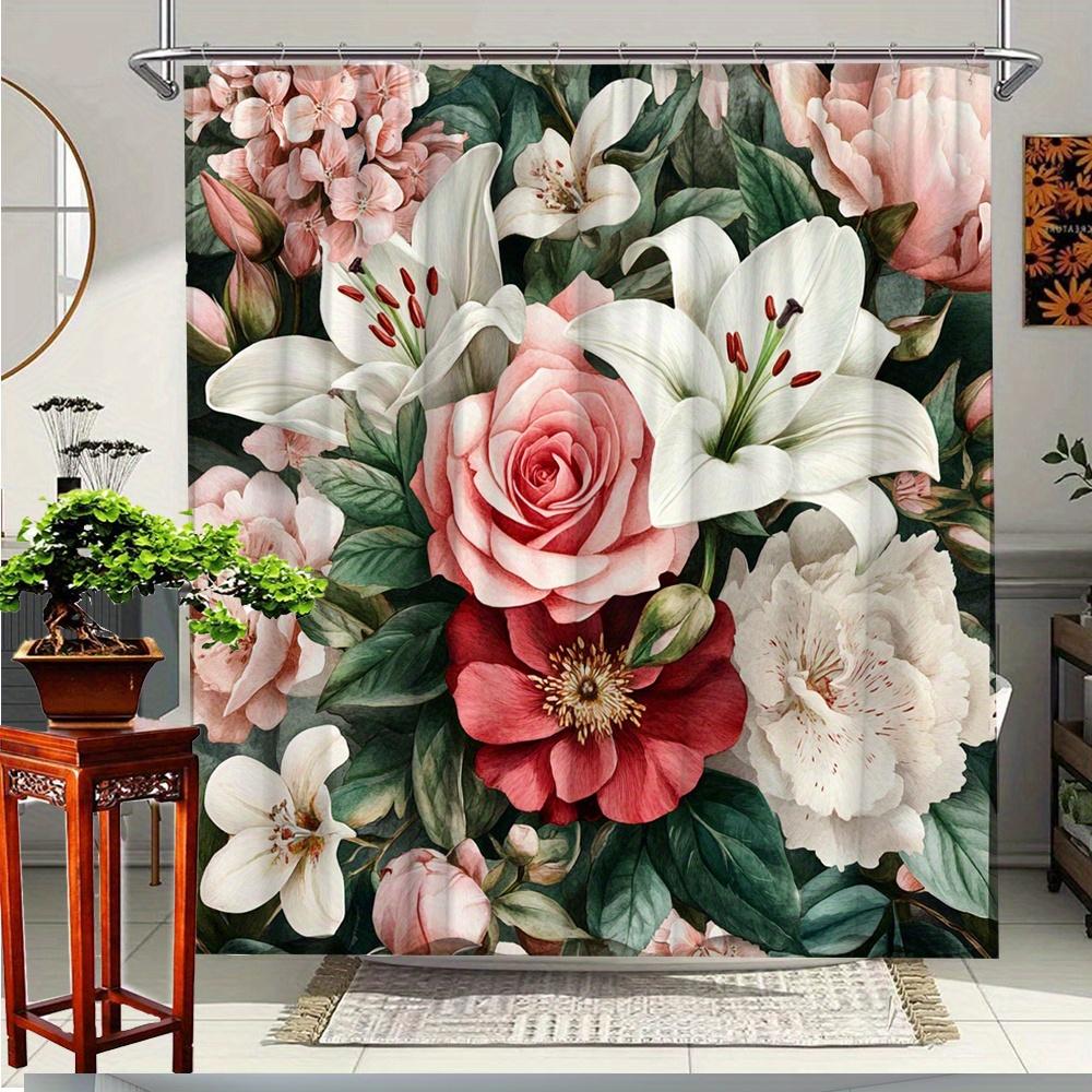 1Pc Floral Shower Curtain Elegant Flower Patterns Bathroom Decor Polyester Fabric With 12 Hooks 70.8X70.8 Inches