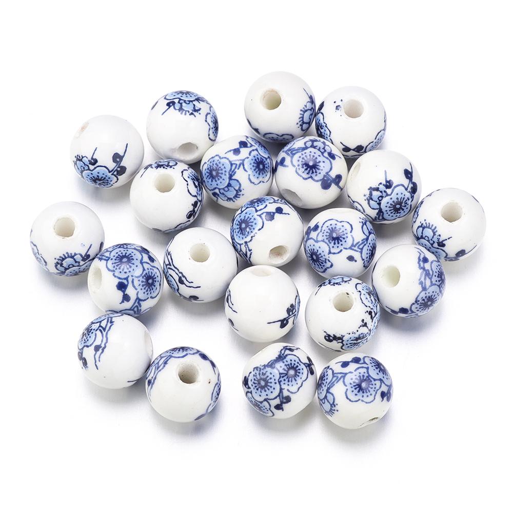 50Pcs 10mm Round Ceramic Beads Colorful Plum Blossom Sunflower Pattern Loose Porcelain Beads For DIY Bracelet Necklace Jewelry