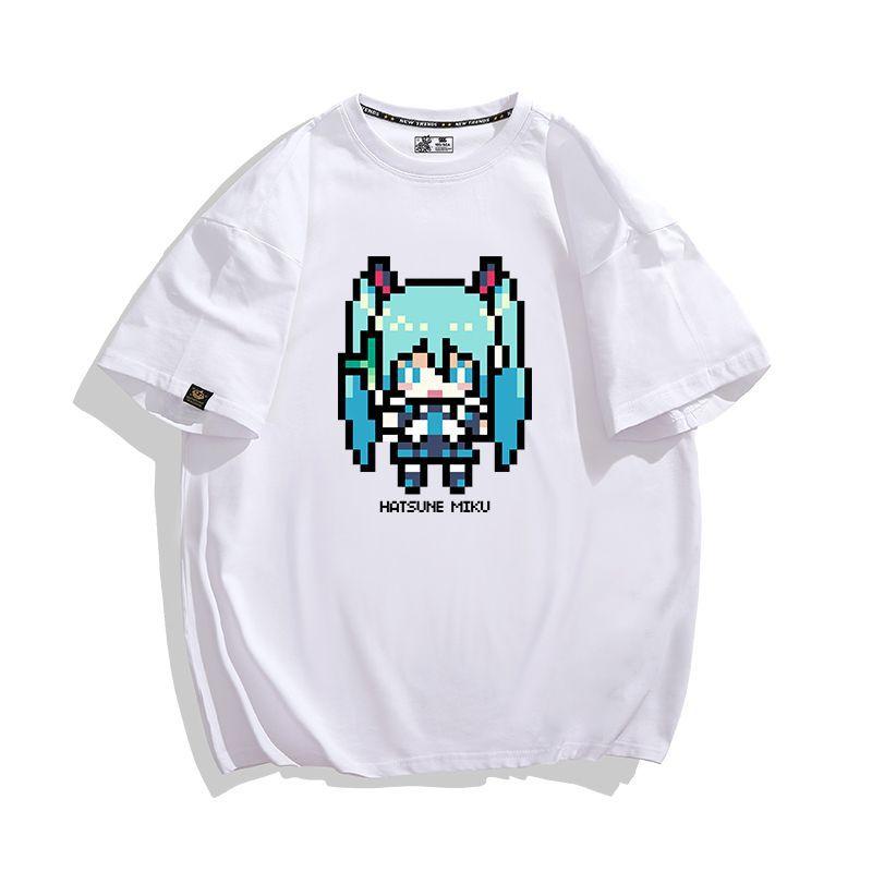 Pixel Style Hatsune Miku Anime Peripheral Animation Printing Tshirt Unisexs and Unisexs Cotton Loose Fashion Trend Summer Tshirt