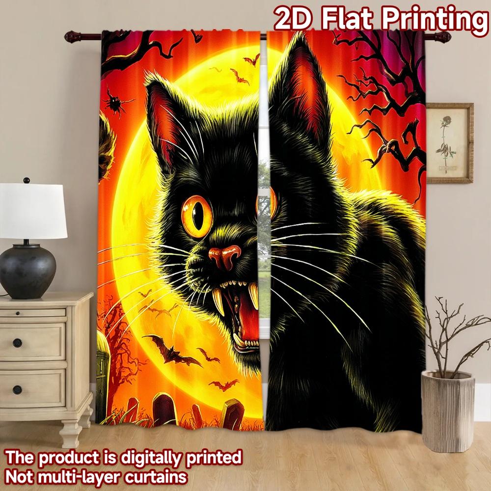 2D flat printing 2pcs Curtain Black Cat Halloween Bats Digital Printed Polyester Drapes All Season Party & Holiday Decor Perfect