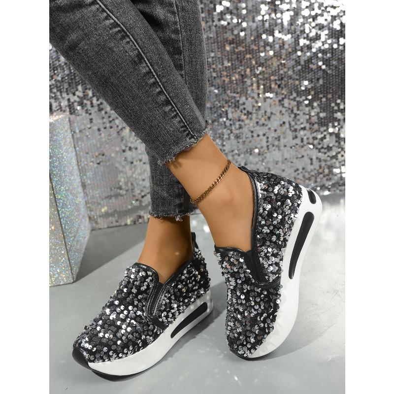 Women's Autumn Breathable Lace Sequined Mesh Slip-On Casual Sports Shoes, Height-Increasing White Footwear.
