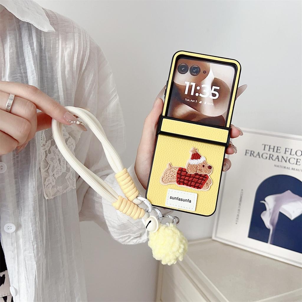 Cartoon Sausage Dog PU Leather Phone Case for Motorola Razr 70+ 60 50 Razr 70 60 50 Ultra Wrist Strap Hinge Protection Cover