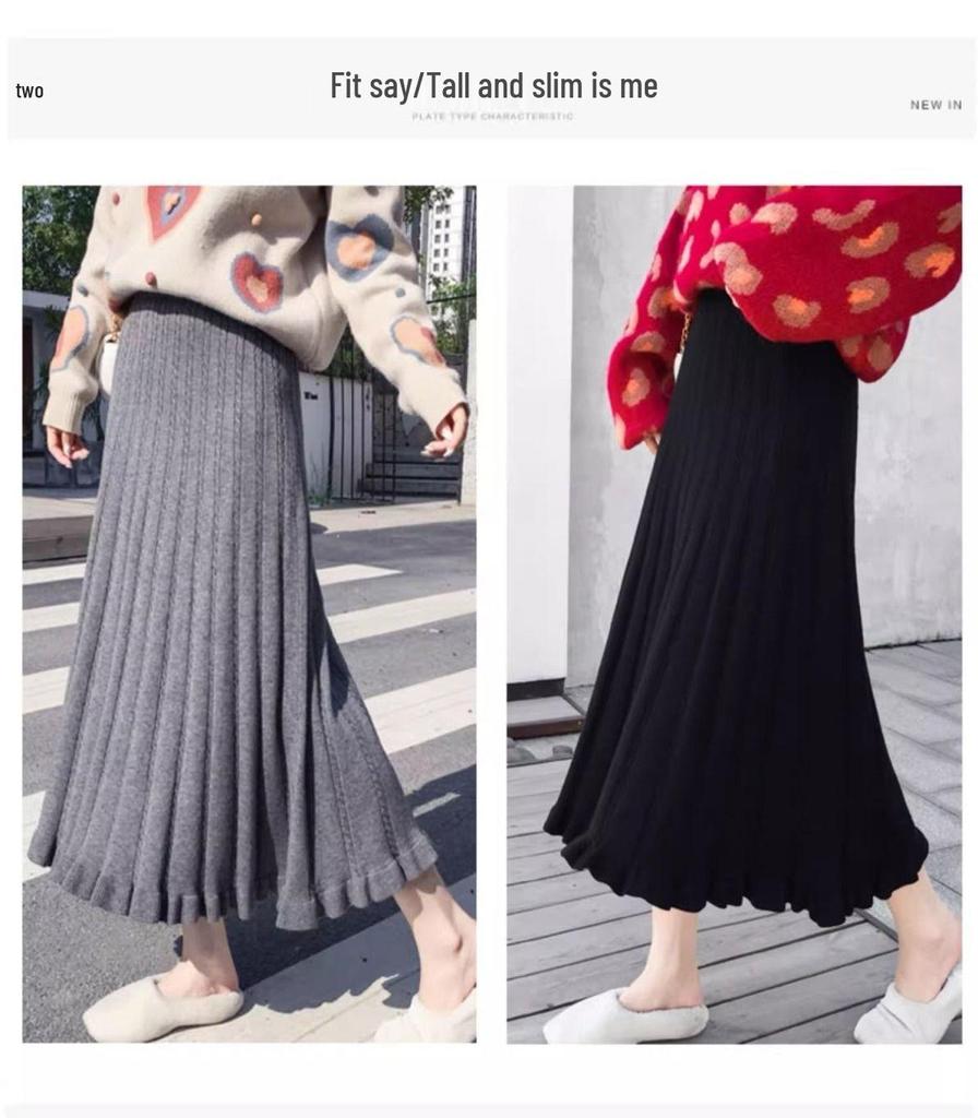 High-Waisted Long Knit Midi Skirt with Inner Layer - Winter & Autumn Style