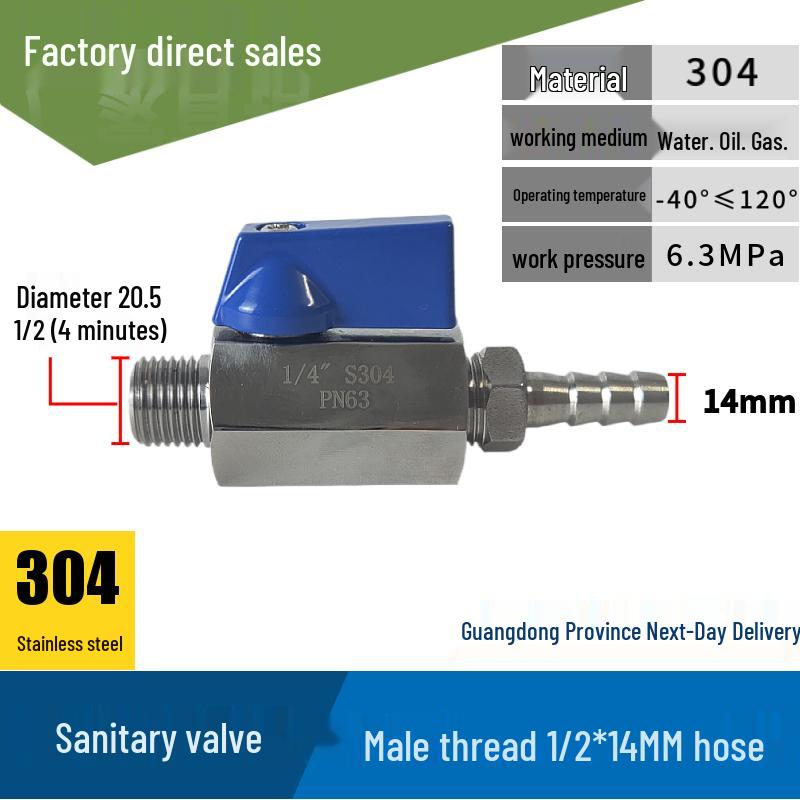 304 Stainless Steel Sanitary Mini Ball Valve, Internal/External Thread, High Pressure, 1/8"-3/4" Sizes, Open Pagoda Design