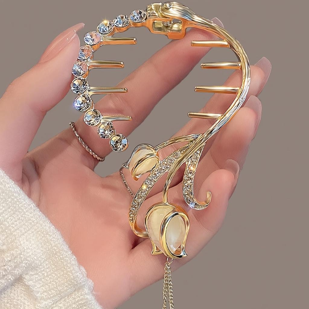 1PC Tulip Rhinestone Fringed Hairpin Women's High-end Temperament Simple Hair Accessories Back of The Head Ponytail Niche Hairpin Headdress