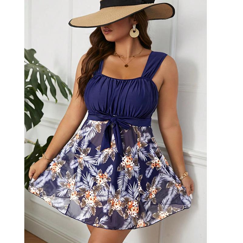 Color Matching Skirt Split Independent Boxers Conservative Large Size Swimsuit Women 0XL
