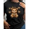 Womens Leopard Print Little Bear Graphic T Shirt Soft Stretch Short Sleeve Round Neck Machine Washable Comfort Fit Nontransparent Daily Wear