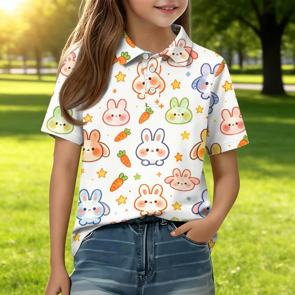Kids Short Sleeve Polo Shirt Animal Print Casual Top Button Down Collar Lightweight Summer Tee for Boys Girls