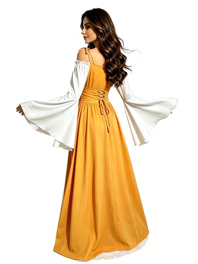 Damen Mittelalter Renaissance Kleid Schulterfrei Glockenärmel Schnürkorsett Vintage Halloween Cosplay Langes Maxikleid