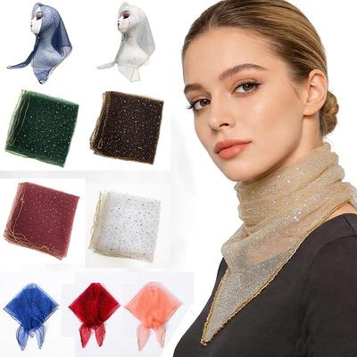 80cm Glitter Rhinestone Square Scarf, Sparkly Mesh Head Wrap for Women