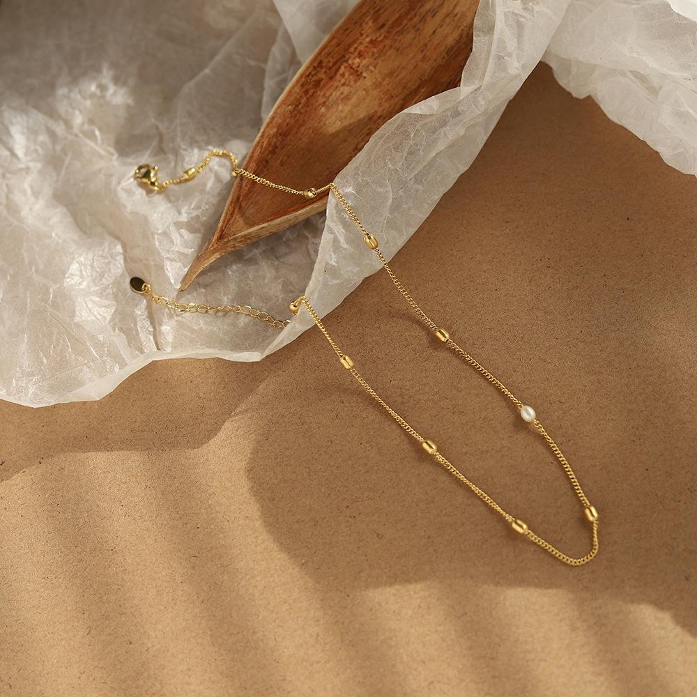 Freshwater Pearl Minimalist Rice Pearl Necklace Collarbone Chain Titanium Steel Plated 18K Gold Color Retaining Jewelry
